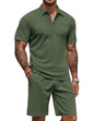 COOFANDY Men's Waffle Knit Polo Shirt and Shorts Set 2 Pieces Outfits Summer Suit Casual Tracksuit with Pockets COOFANDY