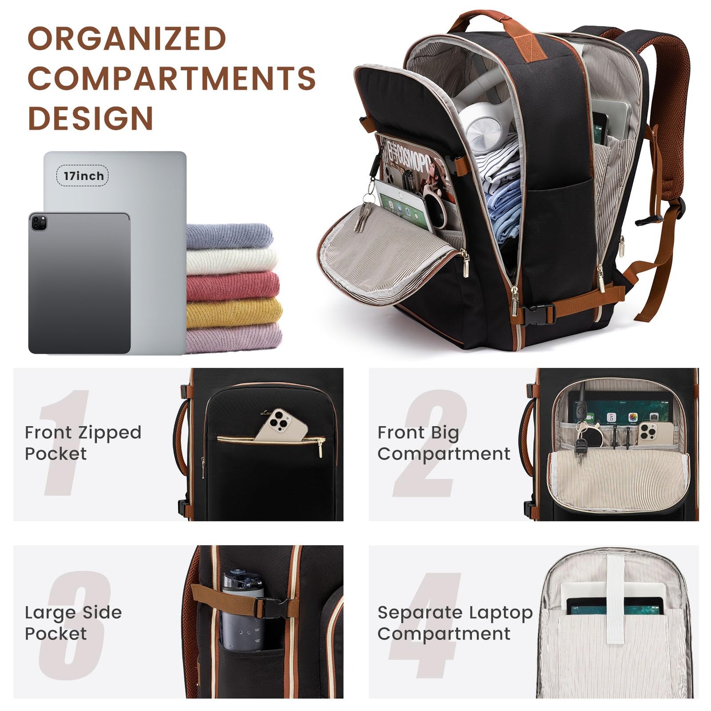 LOVEVOOK 40L Large Travel Backpack for Women Men, 17 Inch Carry on Backpack for Traveling on Airplane, Personal Item Bag Airline Approved, Business Causal Weekender Backpack, Black-Brown LOVEVOOK