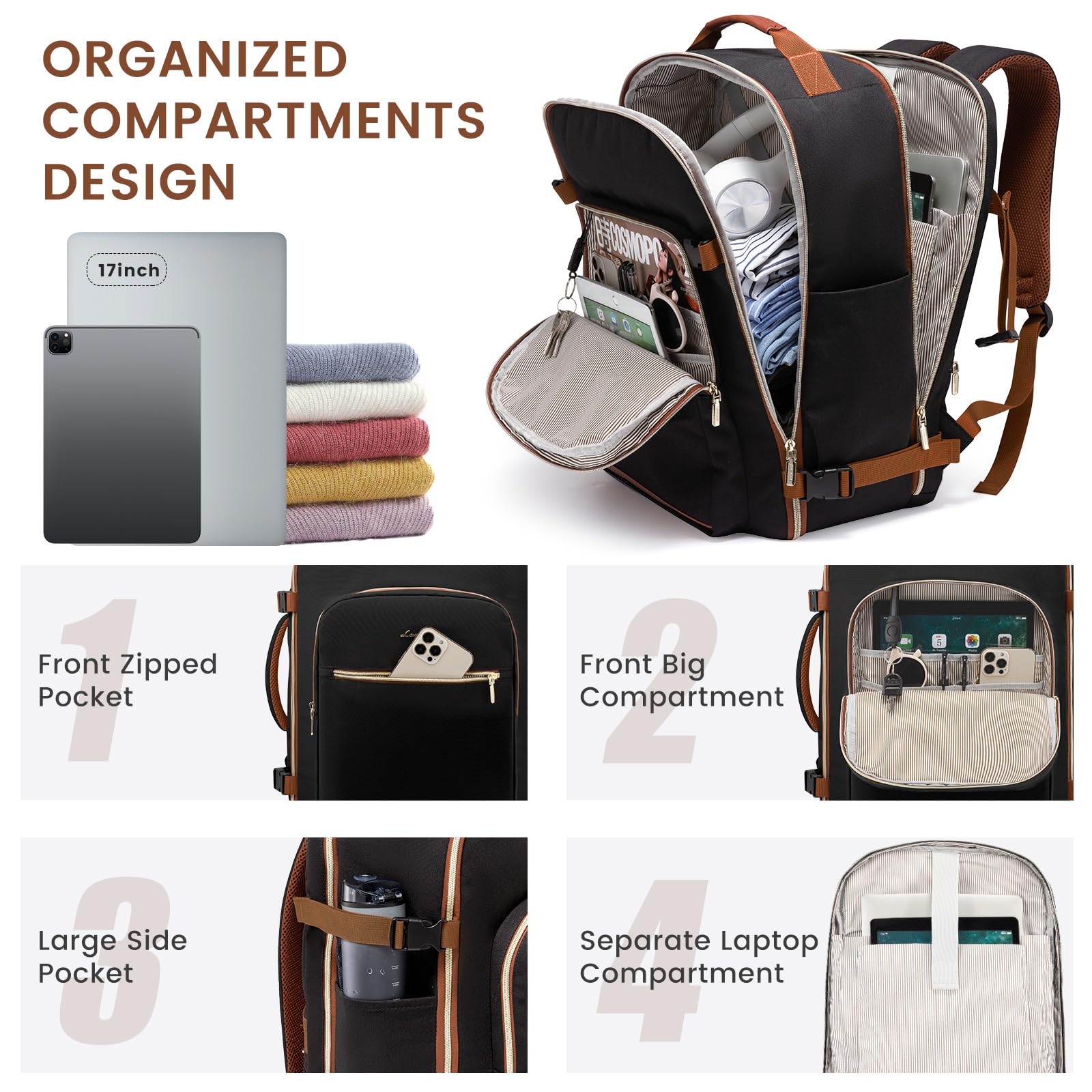 LOVEVOOK 40L Large Travel Backpack for Women Men, 17 Inch Carry on Backpack for Traveling on Airplane, Personal Item Bag Airline Approved, Business Causal Weekender Backpack, Black-Brown LOVEVOOK