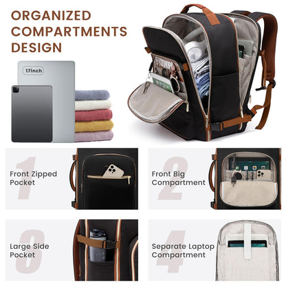 LOVEVOOK 40L Large Travel Backpack for Women Men, 17 Inch Carry on Backpack for Traveling on Airplane, Personal Item Bag Airline Approved, Business Causal Weekender Backpack, Black-Brown LOVEVOOK