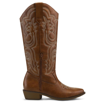mysoft Women's Cowboy Boots Mid Calf Cowgirl Embroidered Western Pointed Toe Chunky Heel Pull On Knee High Boots mysoft