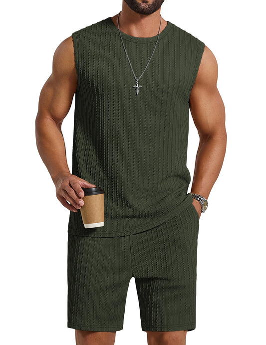 COOFANDY Men's 2 Piece Outfit Vintage Sleevesless Knit Tops and Shorts Casual Beach Shorts Sets, Army, XXL COOFANDY
