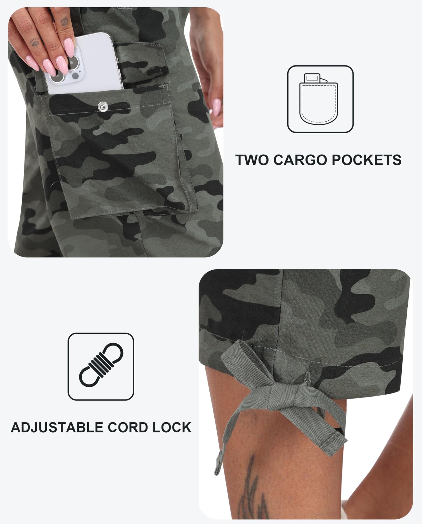 MoFiz Women's Hiking Capris Pants Lightweight Quick Dry Running Athletic Casual Outdoor Cargo Pants for Women Pockets Camo Green 2XL MoFiz
