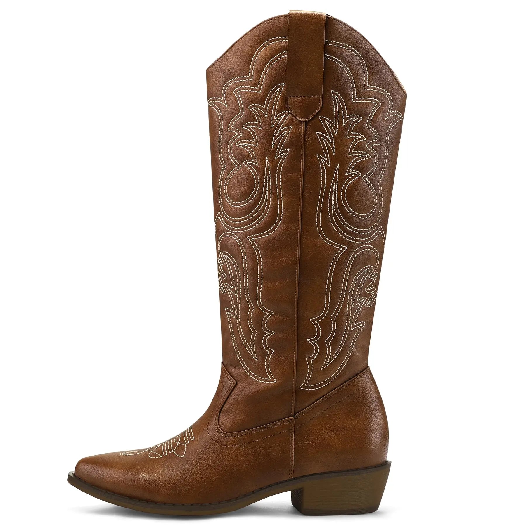 mysoft Women's Cowboy Boots Mid Calf Cowgirl Embroidered Western Pointed Toe Chunky Heel Pull On Knee High Boots mysoft