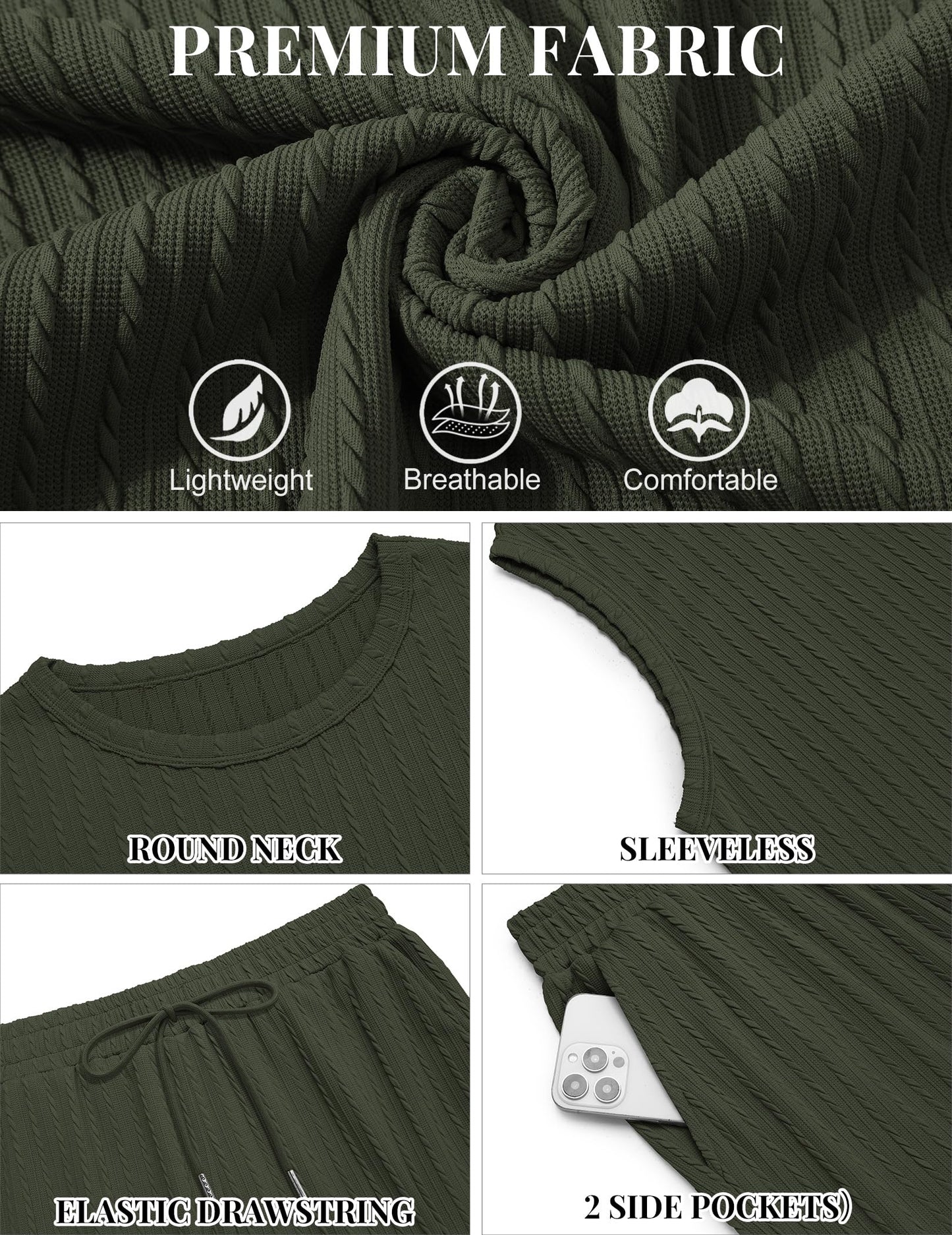 COOFANDY Men's 2 Piece Outfit Vintage Sleevesless Knit Tops and Shorts Casual Beach Shorts Sets, Army, XXL COOFANDY