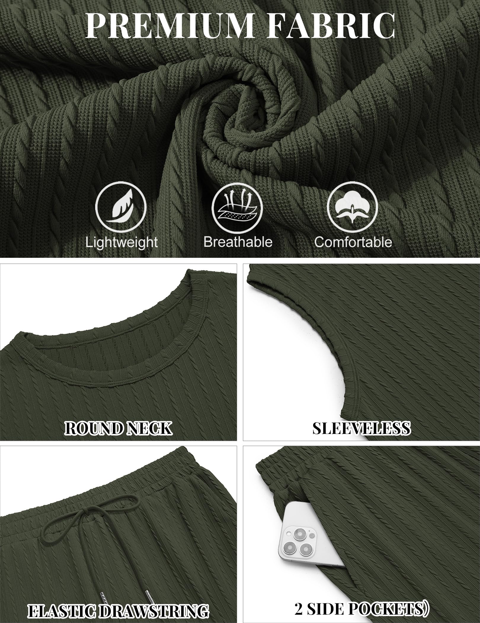 COOFANDY Men's 2 Piece Outfit Vintage Sleevesless Knit Tops and Shorts Casual Beach Shorts Sets, Army, XXL COOFANDY
